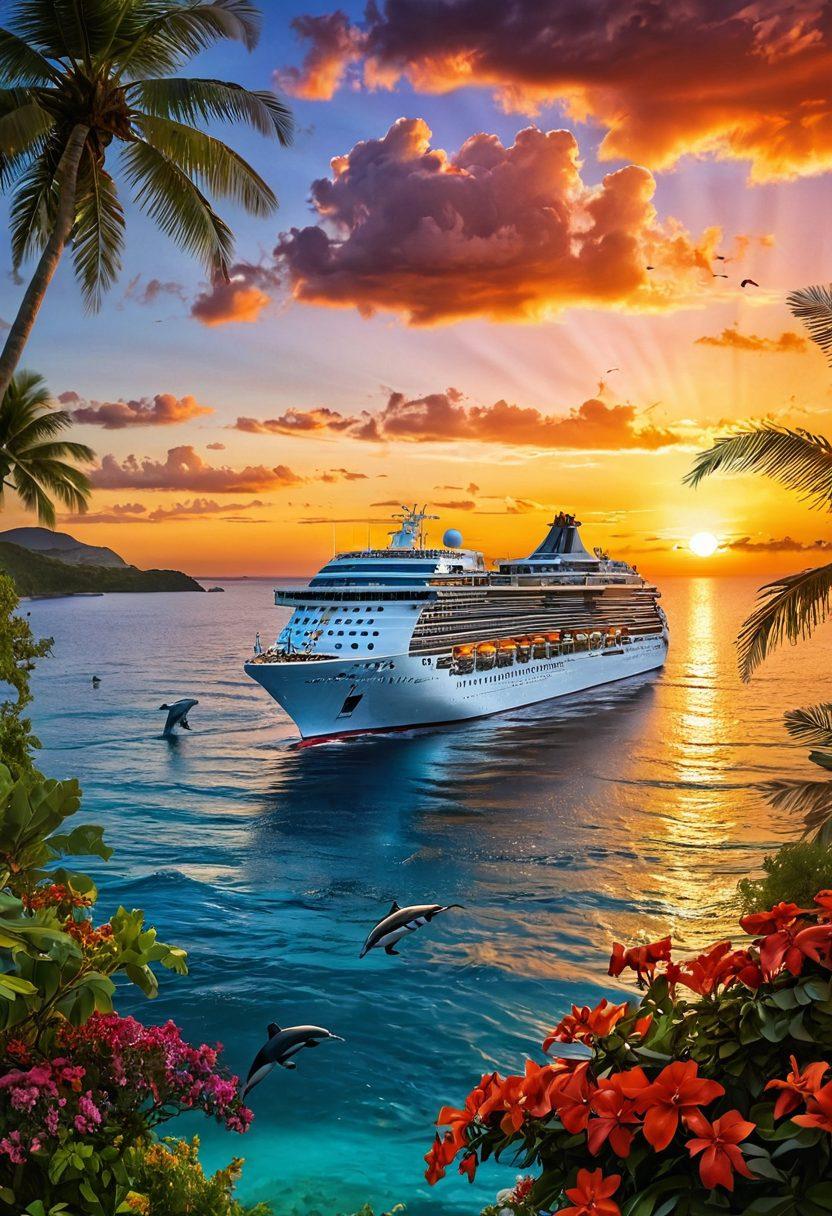 A stunning ocean vista with a majestic cruise ship sailing under a vibrant sunset, surrounded by islands and clear waters. Include playful dolphins jumping alongside the ship and people enjoying themselves on deck with tropical drinks. Add a banner in the sky that reads 'Set Sail for Adventure'. vibrant colors. super-realistic.