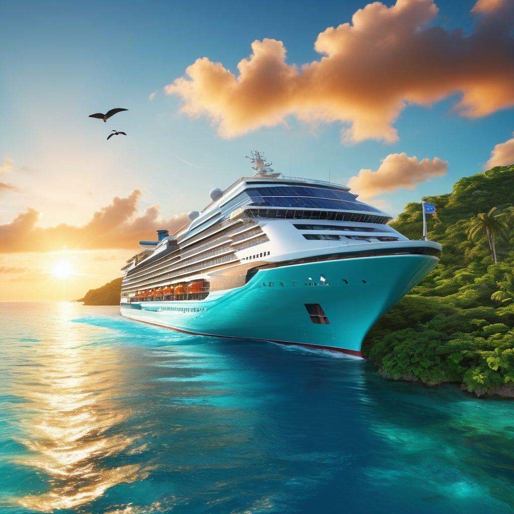 A breathtaking scene of a luxurious eco-friendly cruise ship gliding over turquoise waters, surrounded by lush green islands and a vibrant sunset. Showcase adventurous activities like snorkeling, kayaking, and whale watching, with happy travelers enjoying nature. Incorporate elements of sustainability, such as solar panels and wildlife. super-realistic. vibrant colors. 3D.