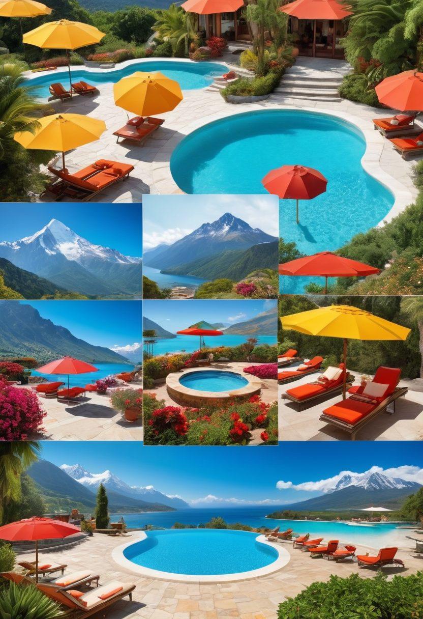 A breathtaking collage of family vacations and luxury holiday escapes, featuring a sunny beach with families playing, a luxurious hotel with a stunning pool, and a picturesque mountain retreat with snow-capped peaks. Incorporate elements like vibrant umbrellas, exotic flora, and children laughing, alongside elegant decor and serene landscapes. The scene should evoke joy, relaxation, and adventure, capturing the essence of various holiday experiences. super-realistic. vibrant colors. 3D.